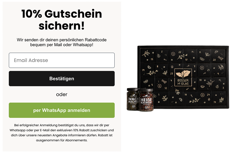 Besser im Glas Pop-up mit 10 % Gutschein und Anmeldung per WhatsApp