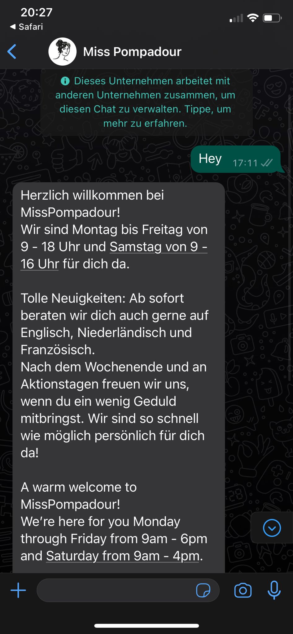 Screenshot: Abwesenheitsnotiz bei Miss Pompadour