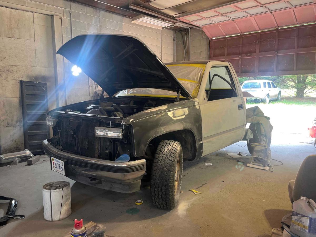 Pickup truck undergoing collision repair on the body shop floor in Gordonsville VA