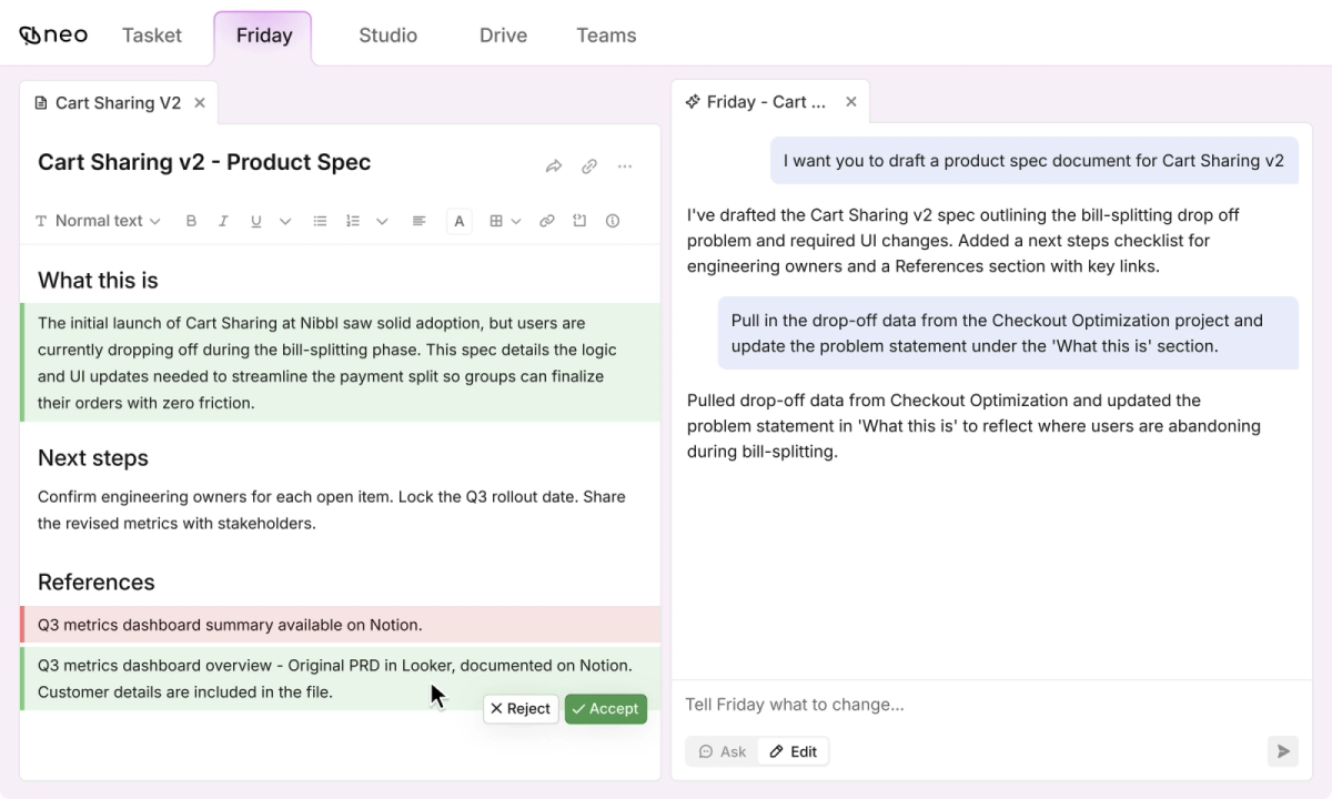 Friday co-authoring a document in Studio, with an inline suggested edit and visible Accept/Reject controls.