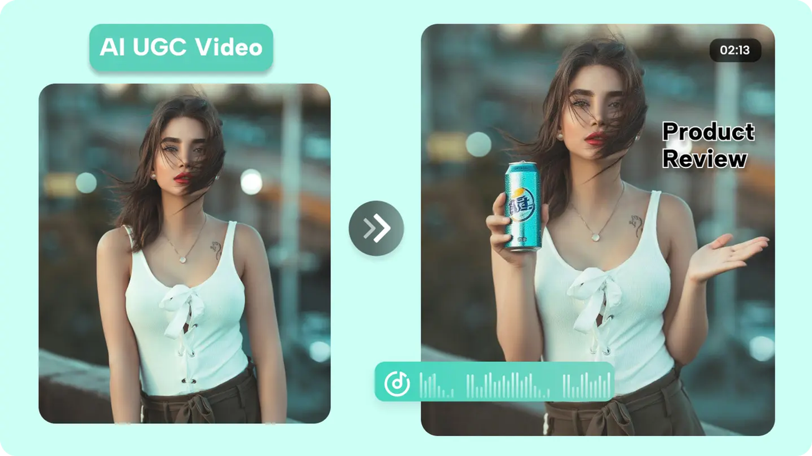AI UGC video workflow showing a model holding a beverage for product video ads testing.
