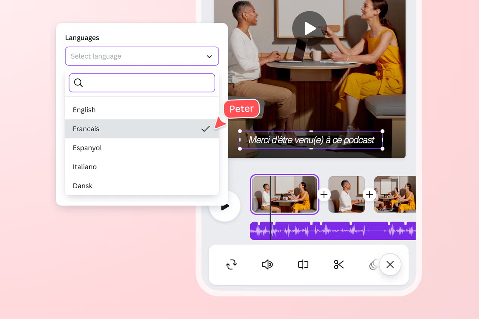 Mobile editor showing language dropdown within ai video translation tools for French podcast subtitle.