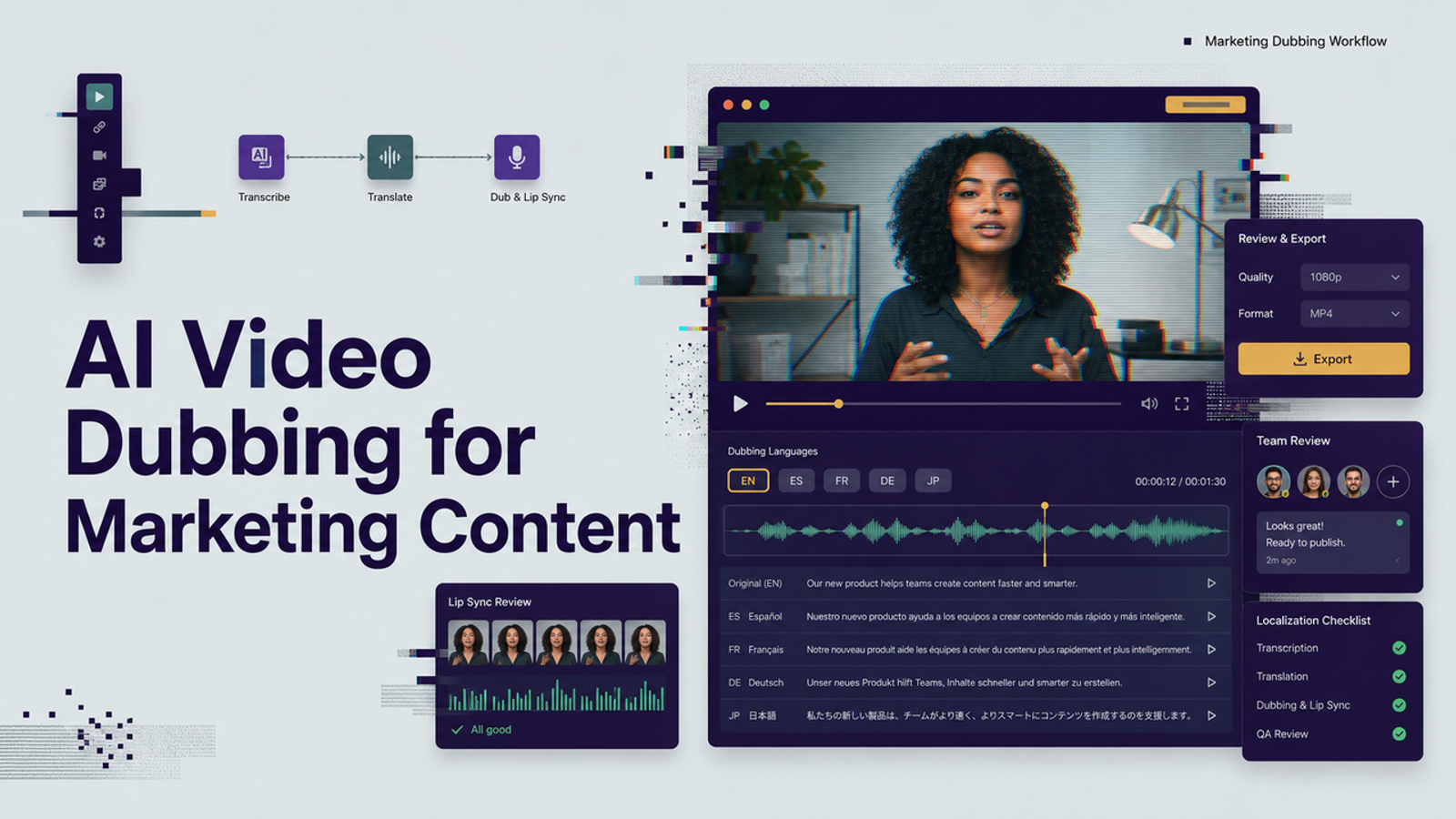 Comprehensive dashboard showing ai video dubbing workflow with lip sync and multi-language review.