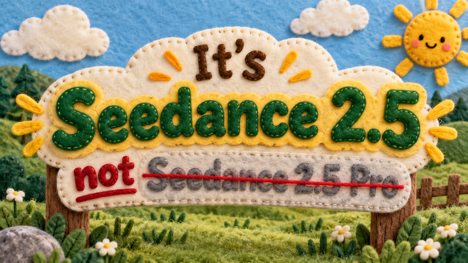 Felt craft sign clarifying that the official model name is seedance 2.5, not pro.