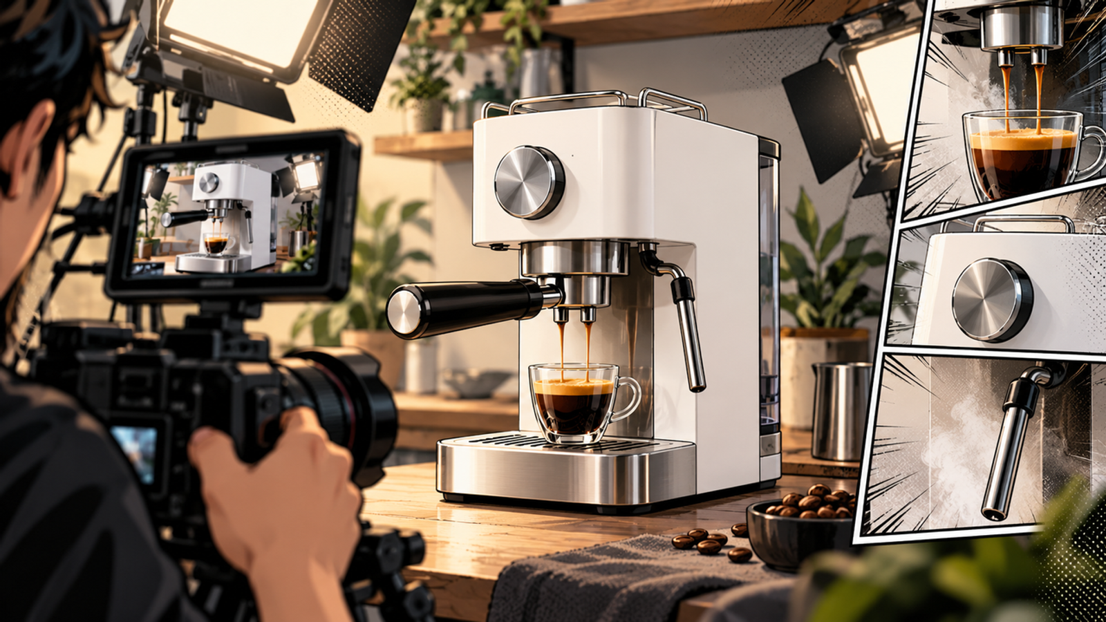 Photographer filming an espresso machine to make a high-quality product promotional video.