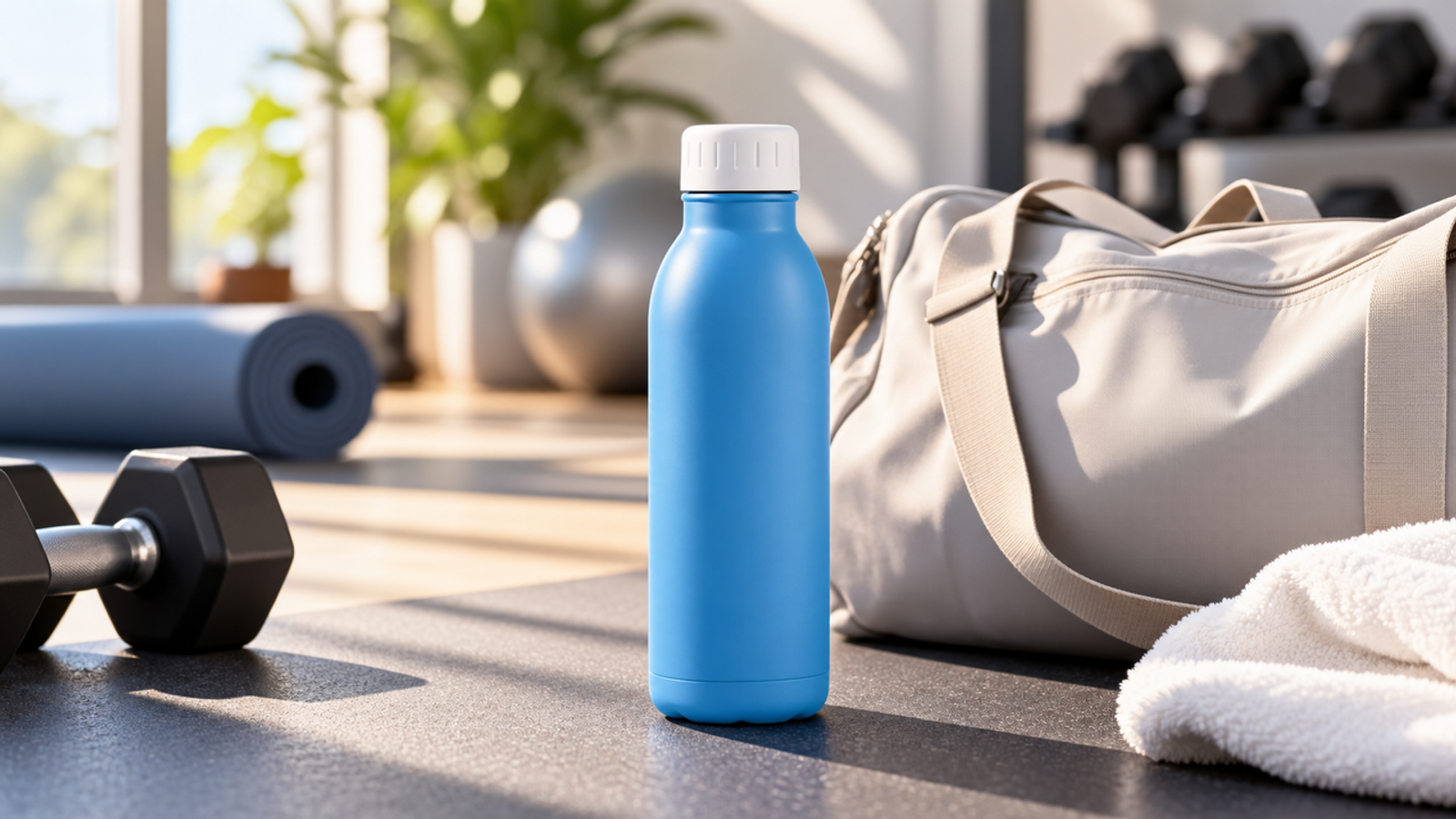 A blue water bottle next to a gym bag and dumbbells rendered via nano banana 2.1 prompts.