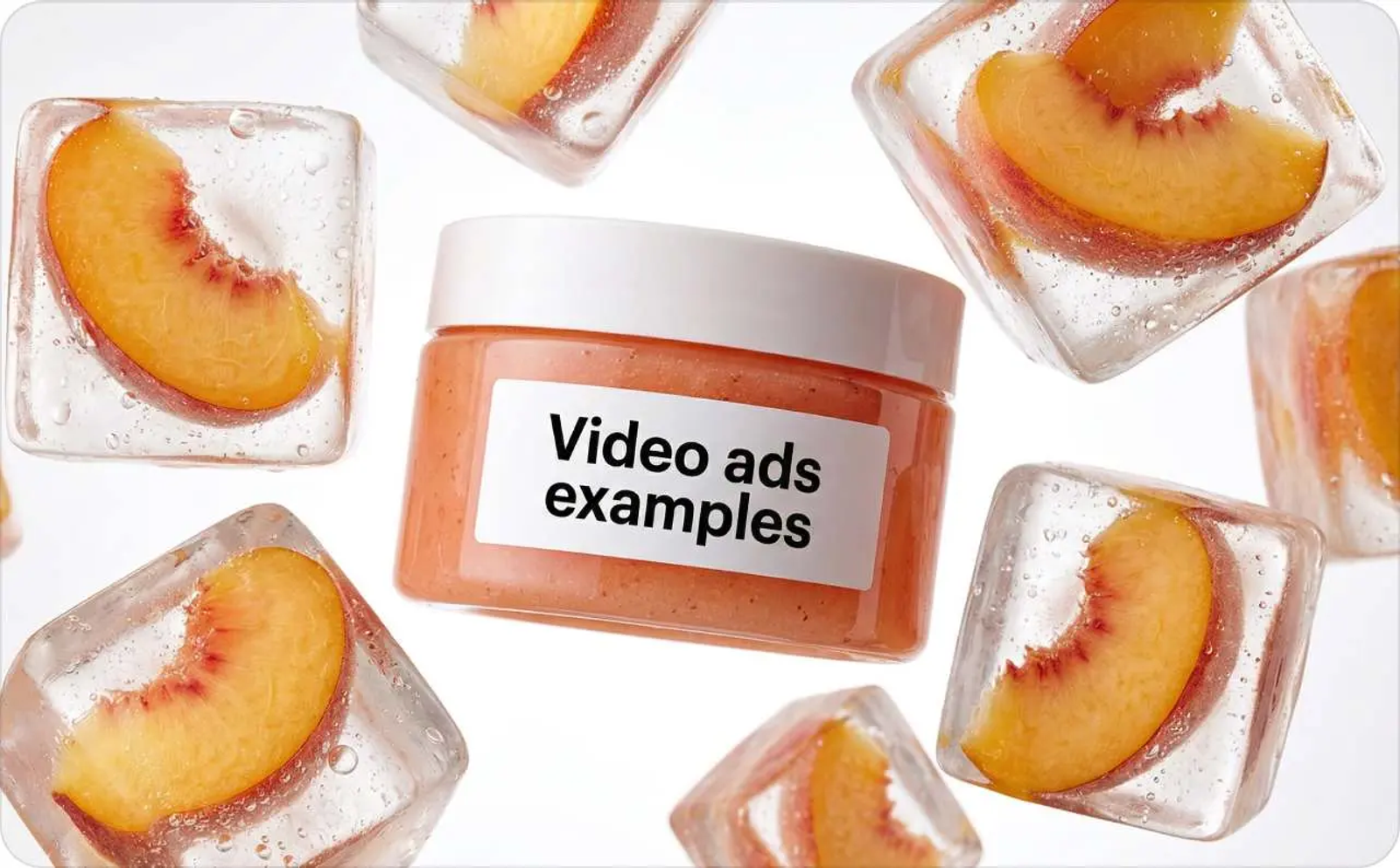 Peach skincare jar with frozen fruit ice cubes serving as product video ads inspiration.