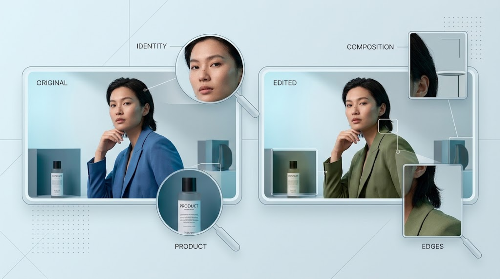 Before-and-after blazer color edit with close-ups for checking facial identity, product details, composition, and edges