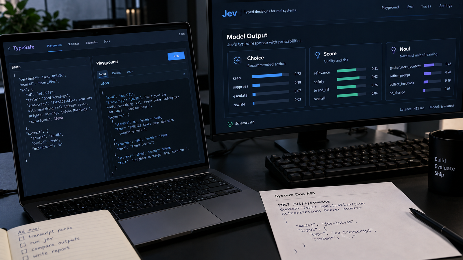 A TypeSafe playground on a laptop beside a Jev model-output panel of Choice, Score, and Noul probabilities