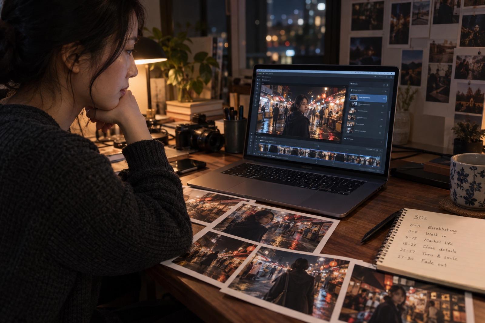 A marketer at a night desk reviews a Kling 4.0 Flash preview on a laptop beside printed storyboard stills and a 30 second timeline note
