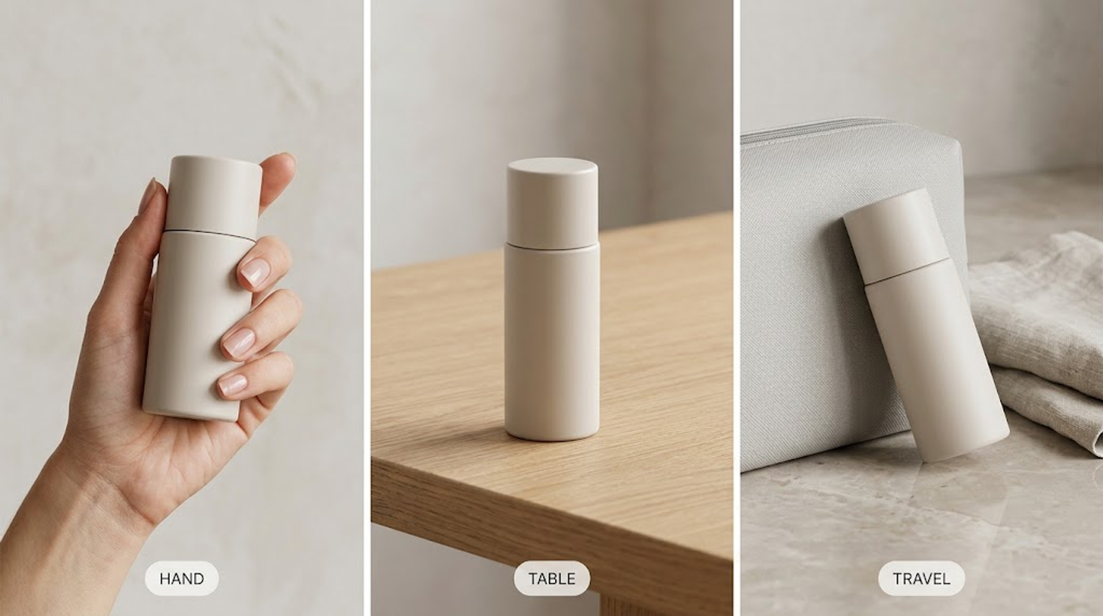 Three product use-case scenes showing a white bottle held in a hand, placed on a table, and prepared for travel