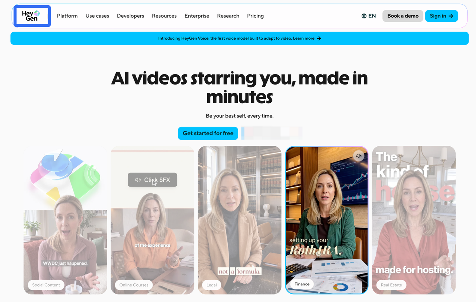 The HeyGen platform landing page highlighting capabilities offered by best ai avatar platforms for large enterprises.