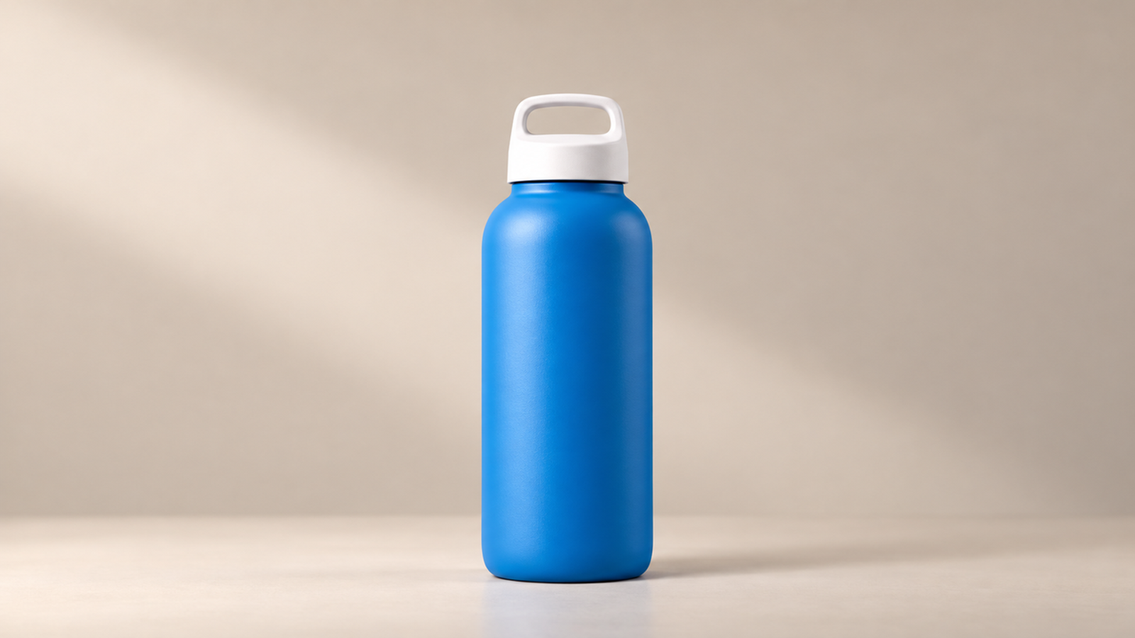 A clean studio product shot of a blue water bottle generated via kling 4.0 image to video models.