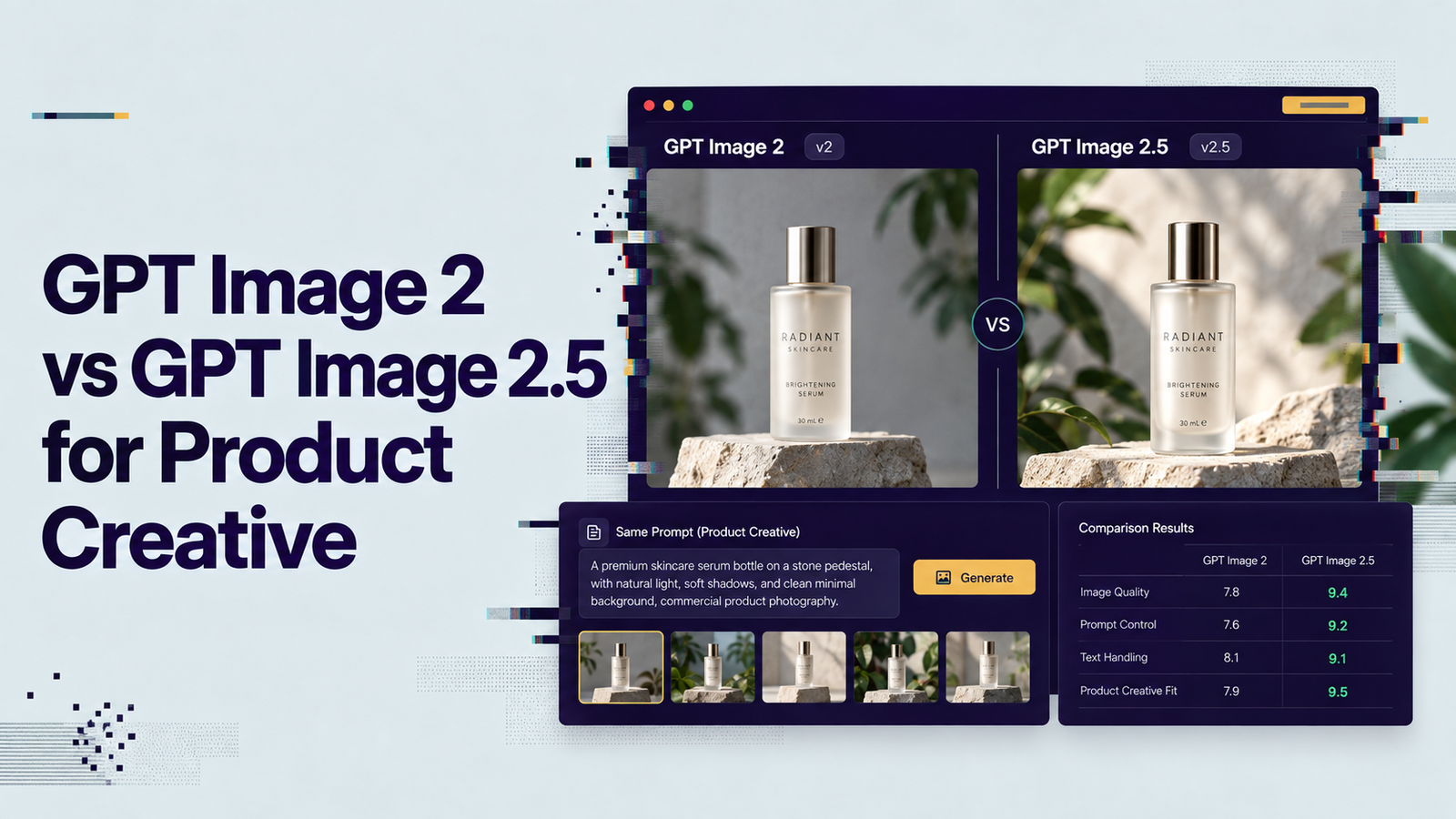 GPT Image 2 and GPT Image 2.5 product creative comparison using skincare serum images, prompts, and performance scores