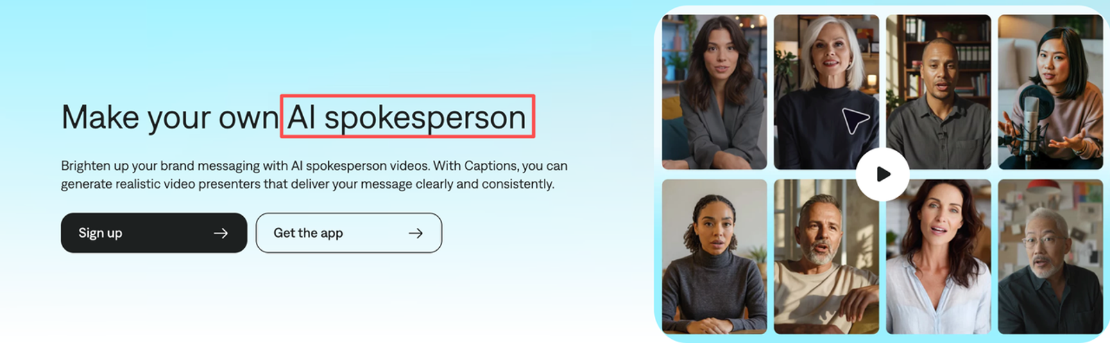 Landing page banner for creating an ai spokesperson video featuring realistic video presenter presets.