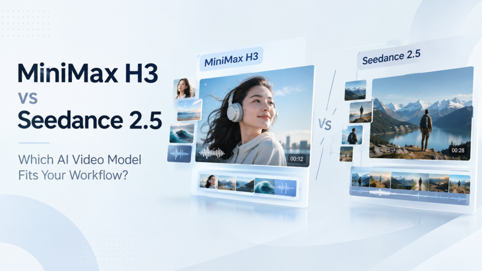 MiniMax H3 and Seedance 2.5 comparison showing different AI video scenes, timelines, and audio elements