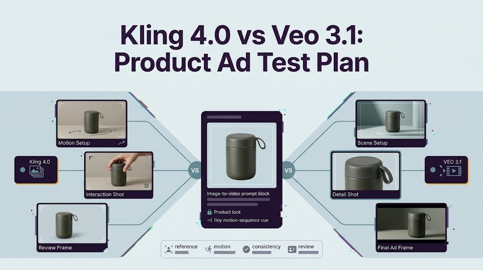 An architectural test plan diagram comparing kling 4.0 vs veo 3.1 for product ad creation workflows.