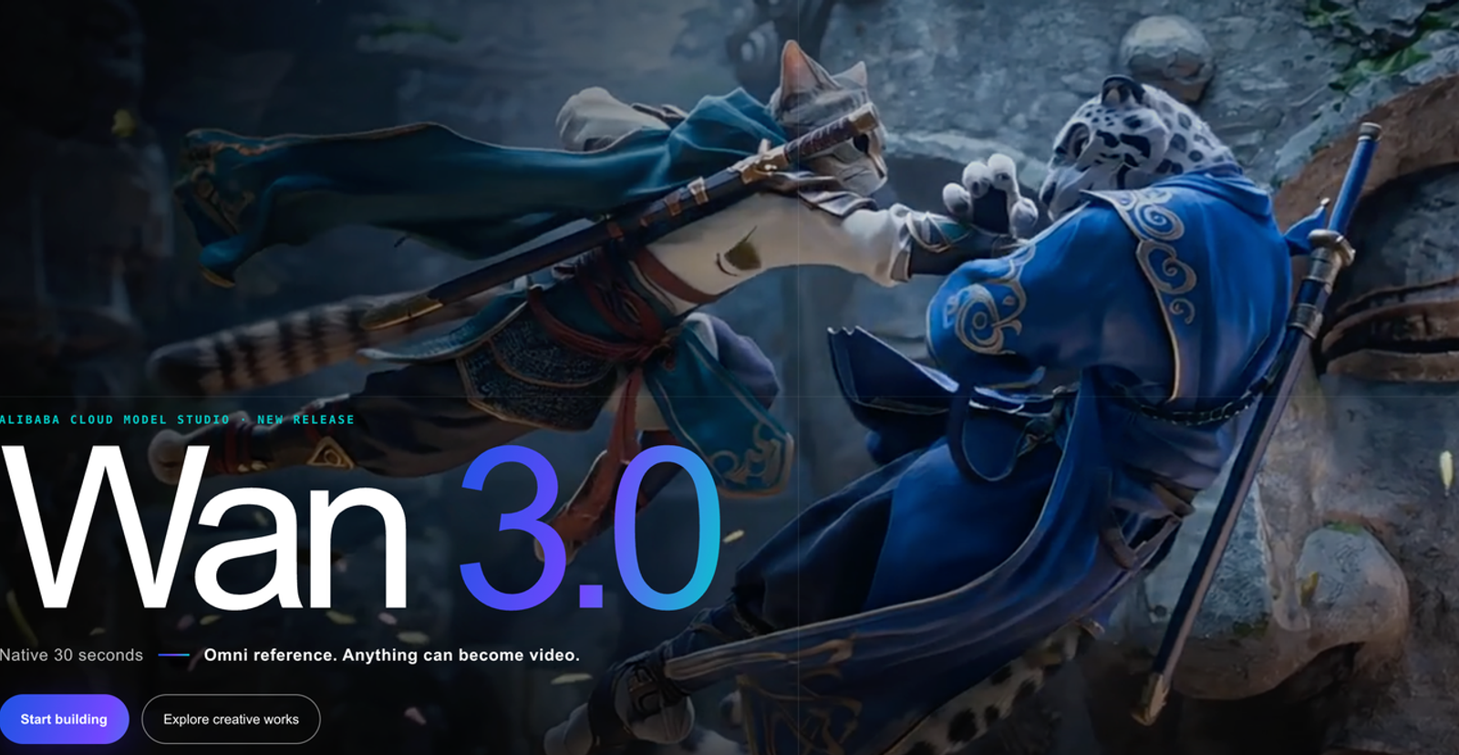 Wan 3.0 pricing guide shows the official model homepage with two animated animal warriors in a fight scene.