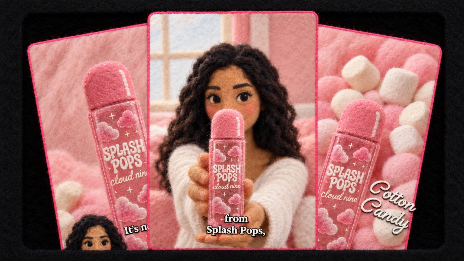 Creative felt-style avatar showing a perfume bottle in engaging ai ugc ads for social media.