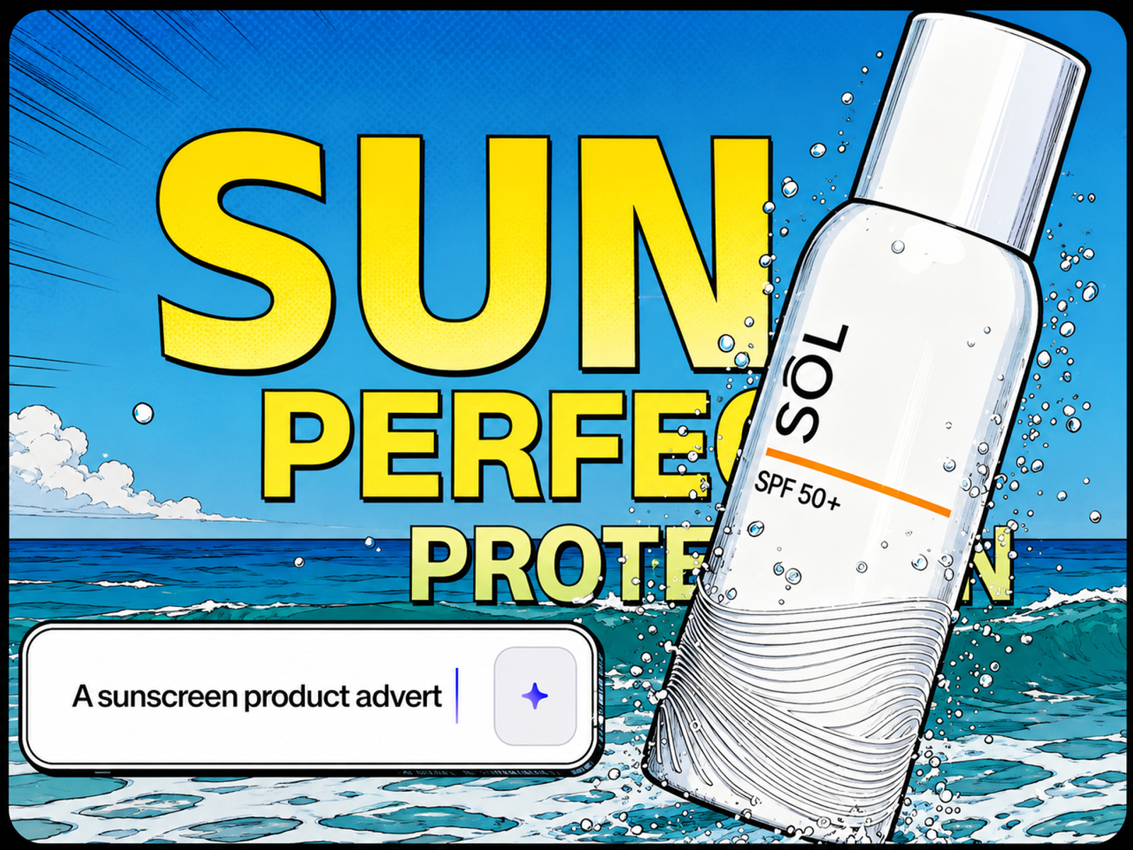 A comic-style sun protection product mockup tested within platforms to compare pricing for ugc video production tools.