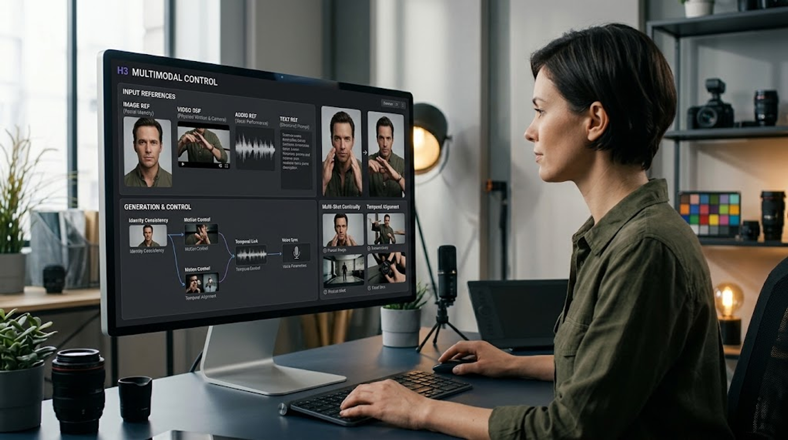 MiniMax H3 multimodal video control interface showing image, video, audio, and text references with identity, motion, and voice controls