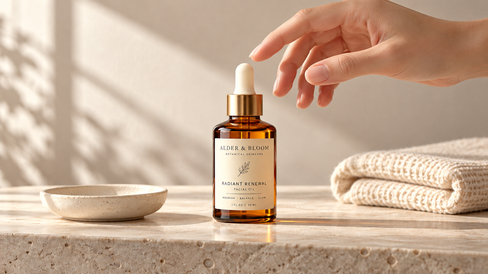 Fibo 2 prompts storyboard frame shows a hand reaching toward an amber facial oil bottle beside a dish and towel.