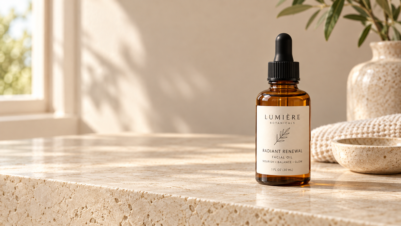 Fibo 2 prompts closing shot shows a Lumiere facial oil bottle with empty space on the left for ad copy.