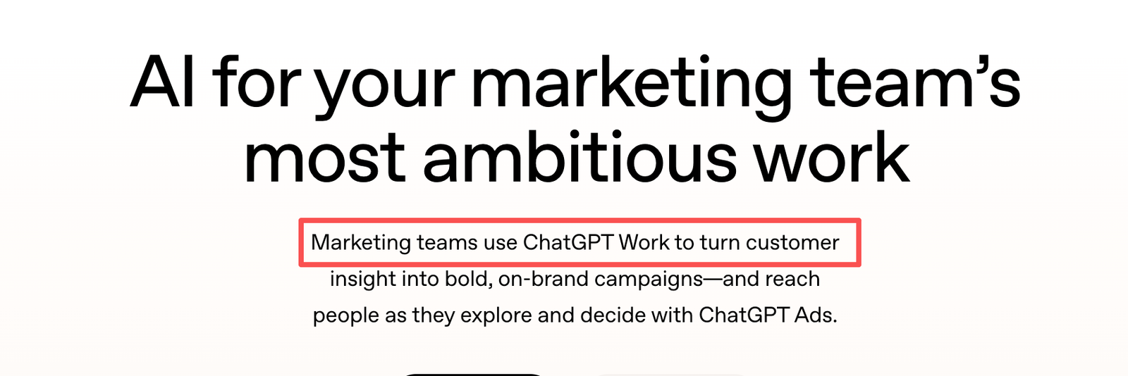 Marketing team presentation describing ChatGPT Work for creating on-brand campaigns and reaching customers with ChatGPT Ads