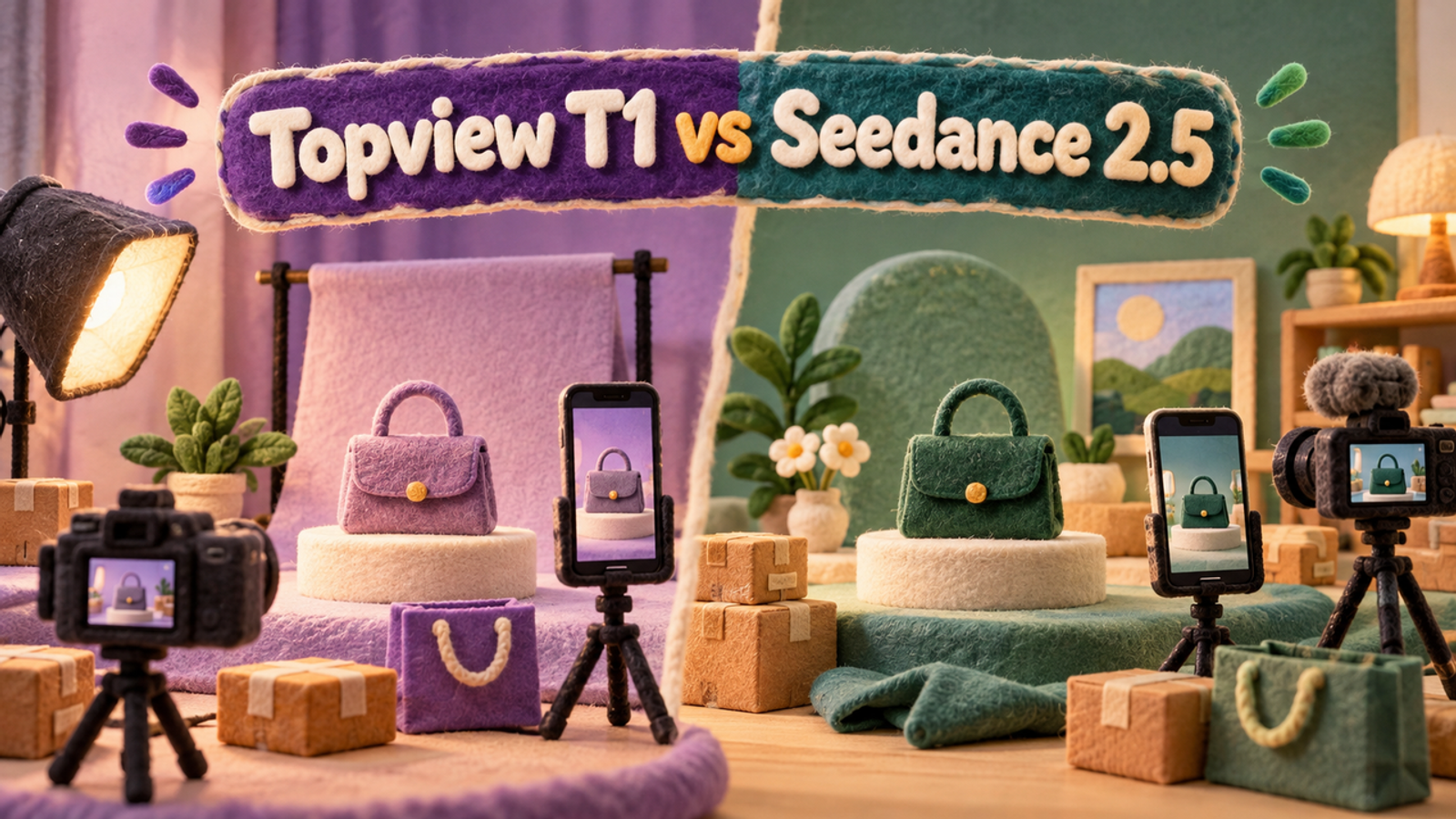 Topview T1 vs Seedance 2.5 felt-style illustration contrasts handbag video shoots with phones and cameras.