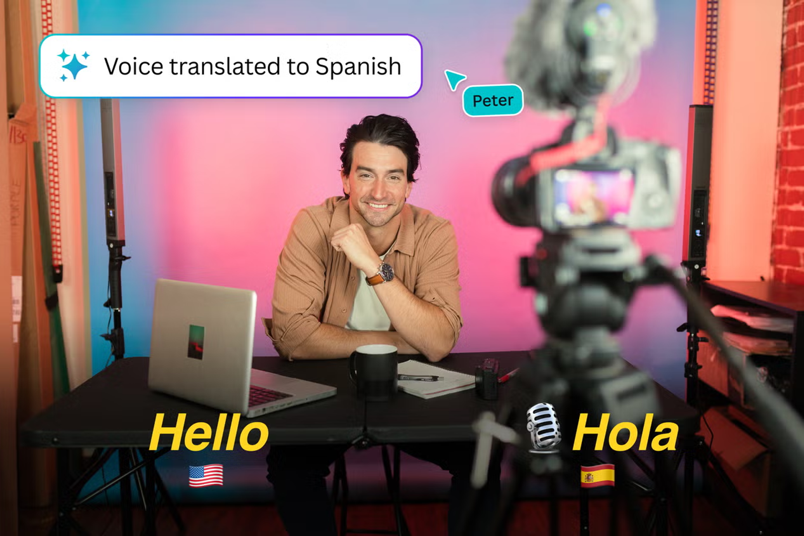 Creator recording video with AI voice translation compared to video translation companies.