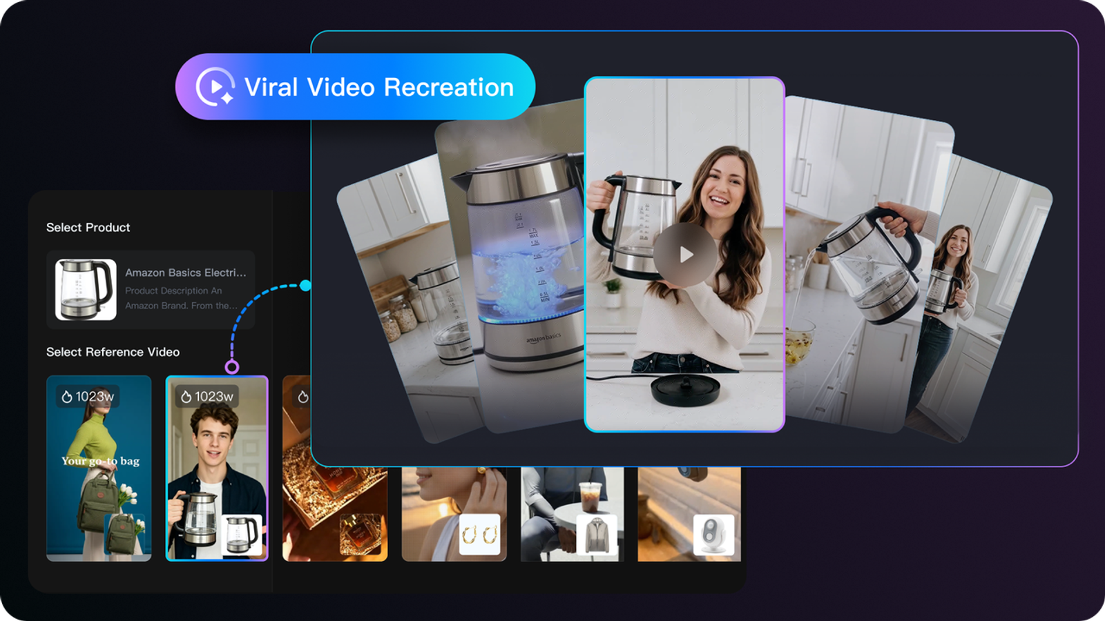 Interface showcasing an ai ugc video generator recreating viral product videos with reference templates.
