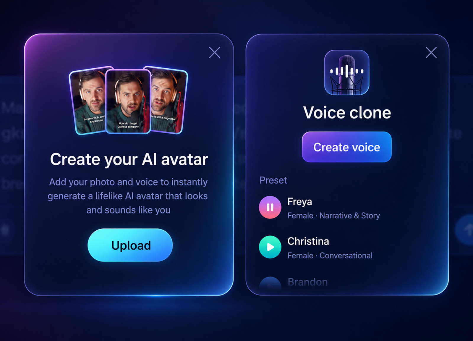 Pop-up UI for custom avatar and voice cloning integrated in an ai spokesperson video generator tool.