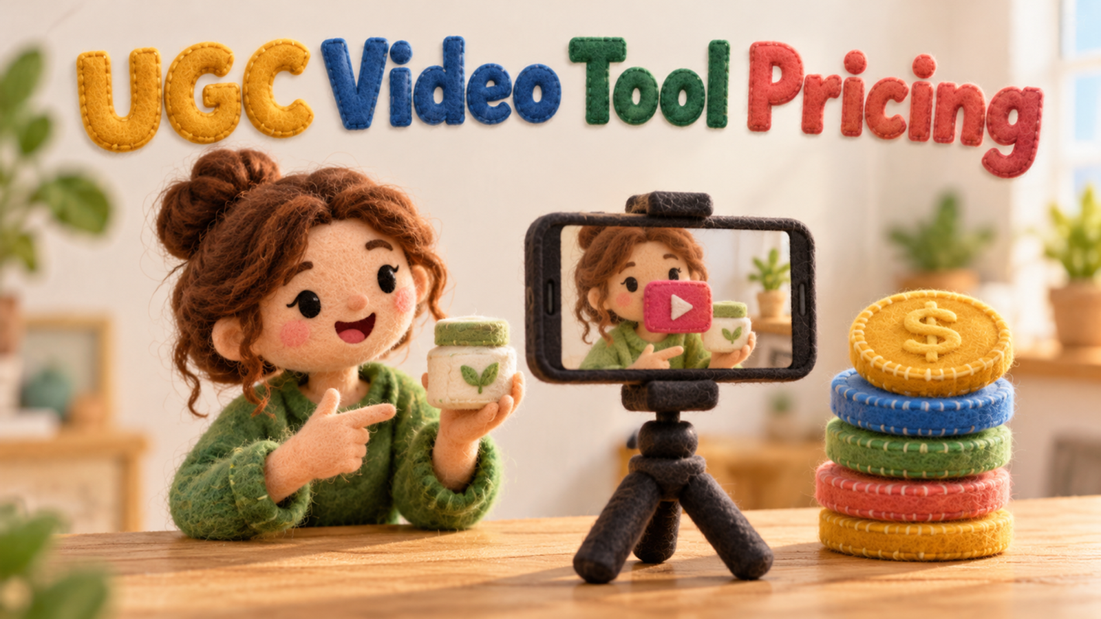 A cute felt craft scene displaying coins and a video frame to compare pricing for ugc video production tools.