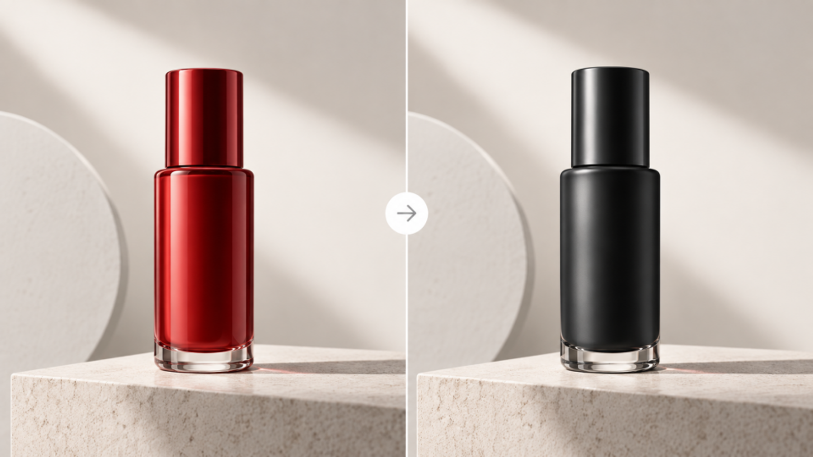 Before-and-after GPT Image 2.5 editing example showing a red cosmetic bottle changed to matte black with the same lighting and composition