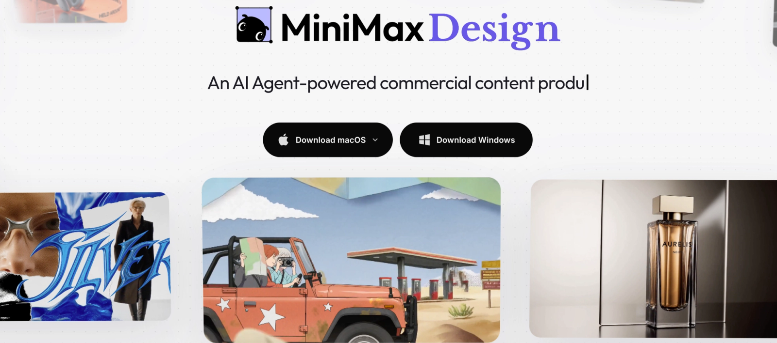 MiniMax Design AI commercial content platform displaying creative image examples