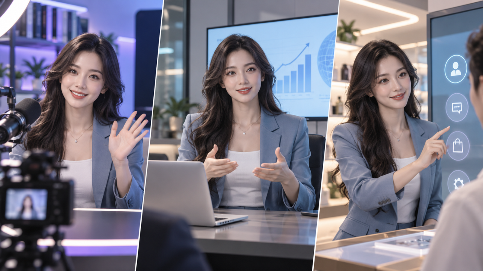 Professional presenter demonstrating ai avatar tools for virtual event hosting across three scenarios.