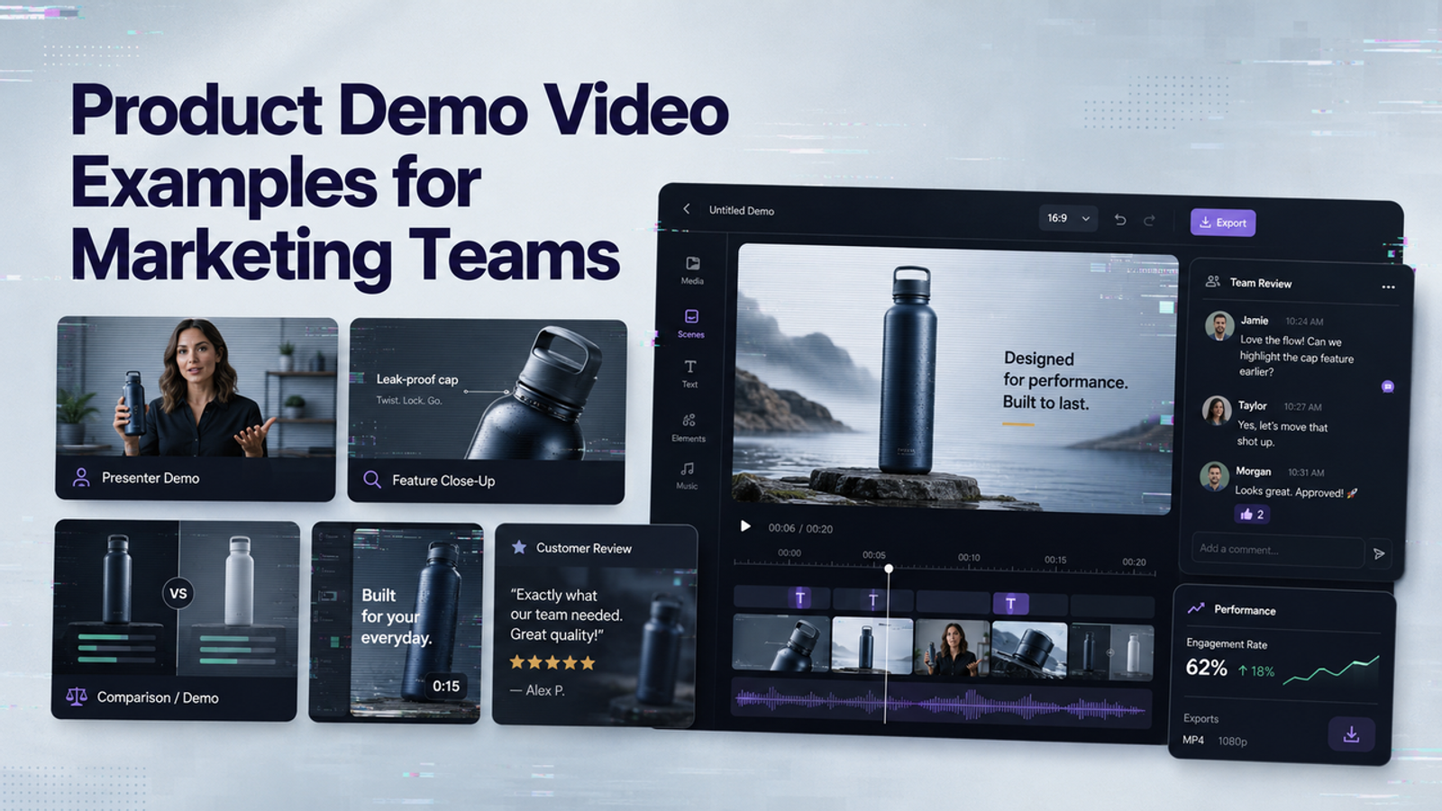 Video editor dashboard highlighting product demo video examples with presenter clips and metrics.