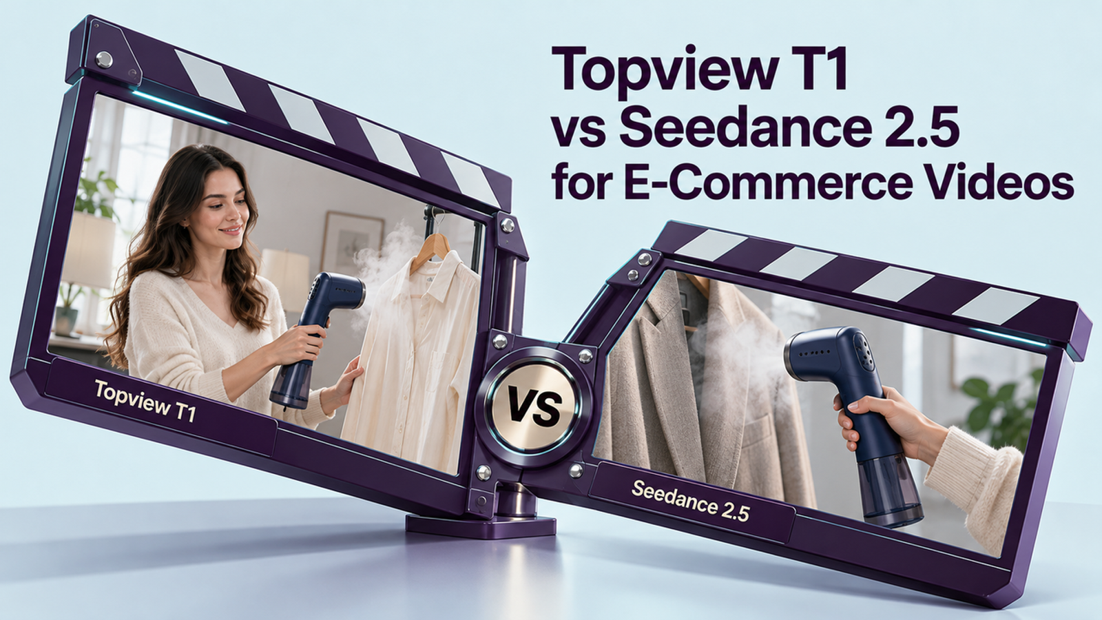 Topview T1 vs Seedance 2.5 cover compares two garment steamer product video scenes in a split-screen layout.