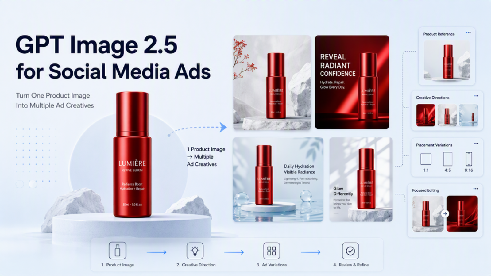GPT Image 2.5 for social media ads cover showing one red skincare product image transformed into multiple ad creatives and placement variations