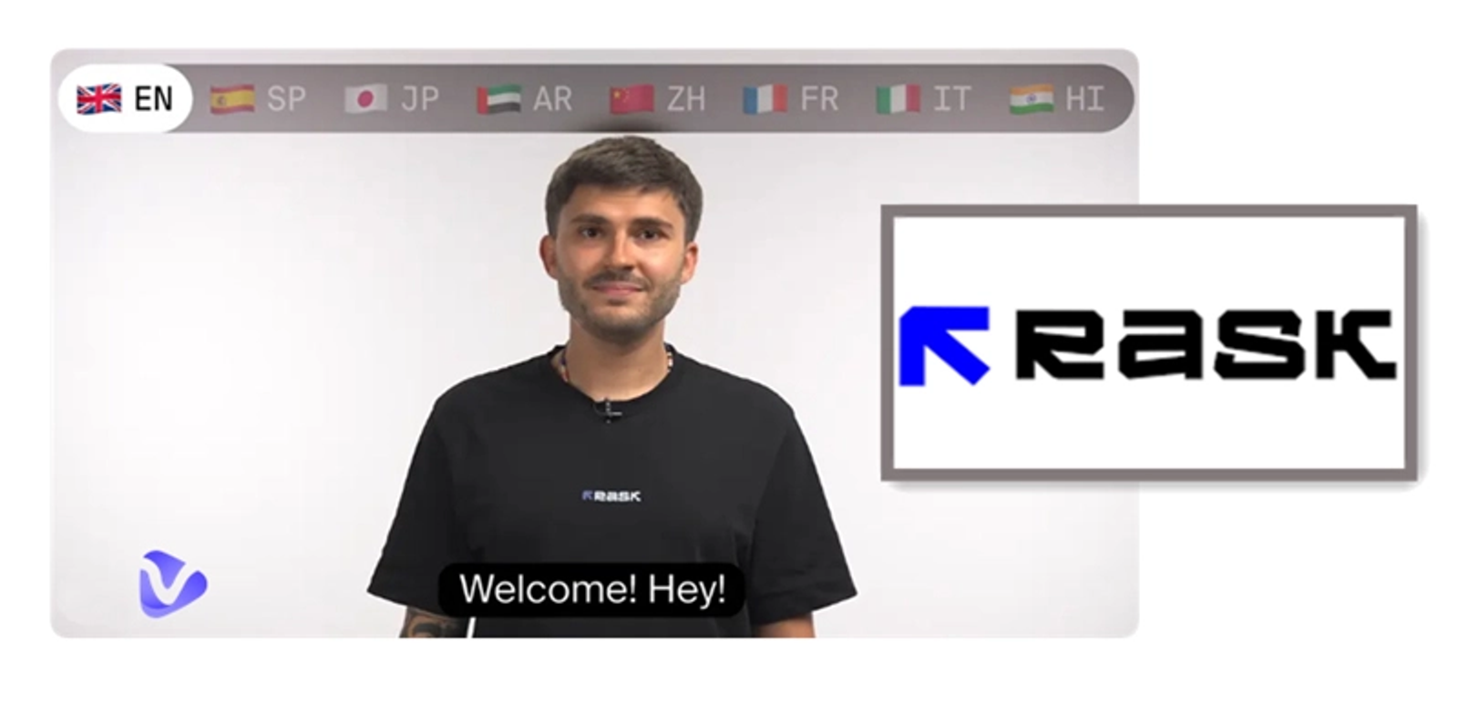 Speaker demonstrating Rask AI video translation with multi-language subtitle options and automatic lip sync feature.