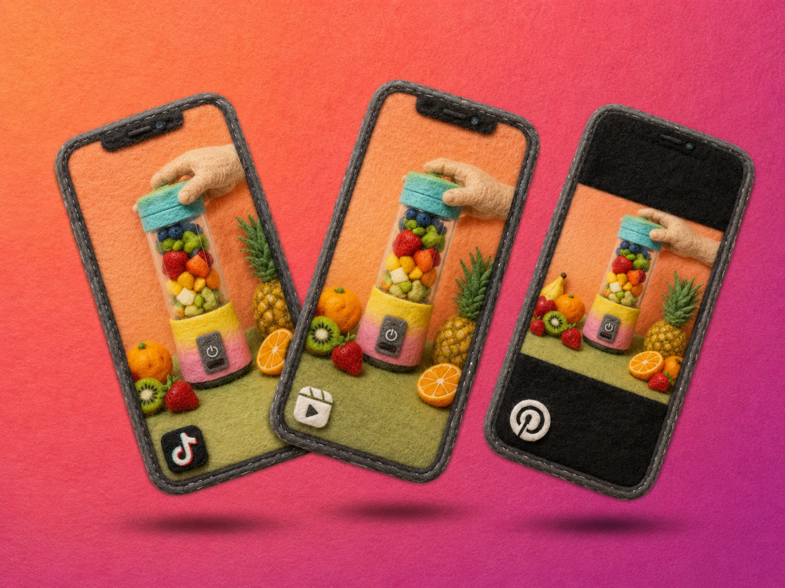 Felt animation blender displays product demo video examples across TikTok and Pinterest formats.