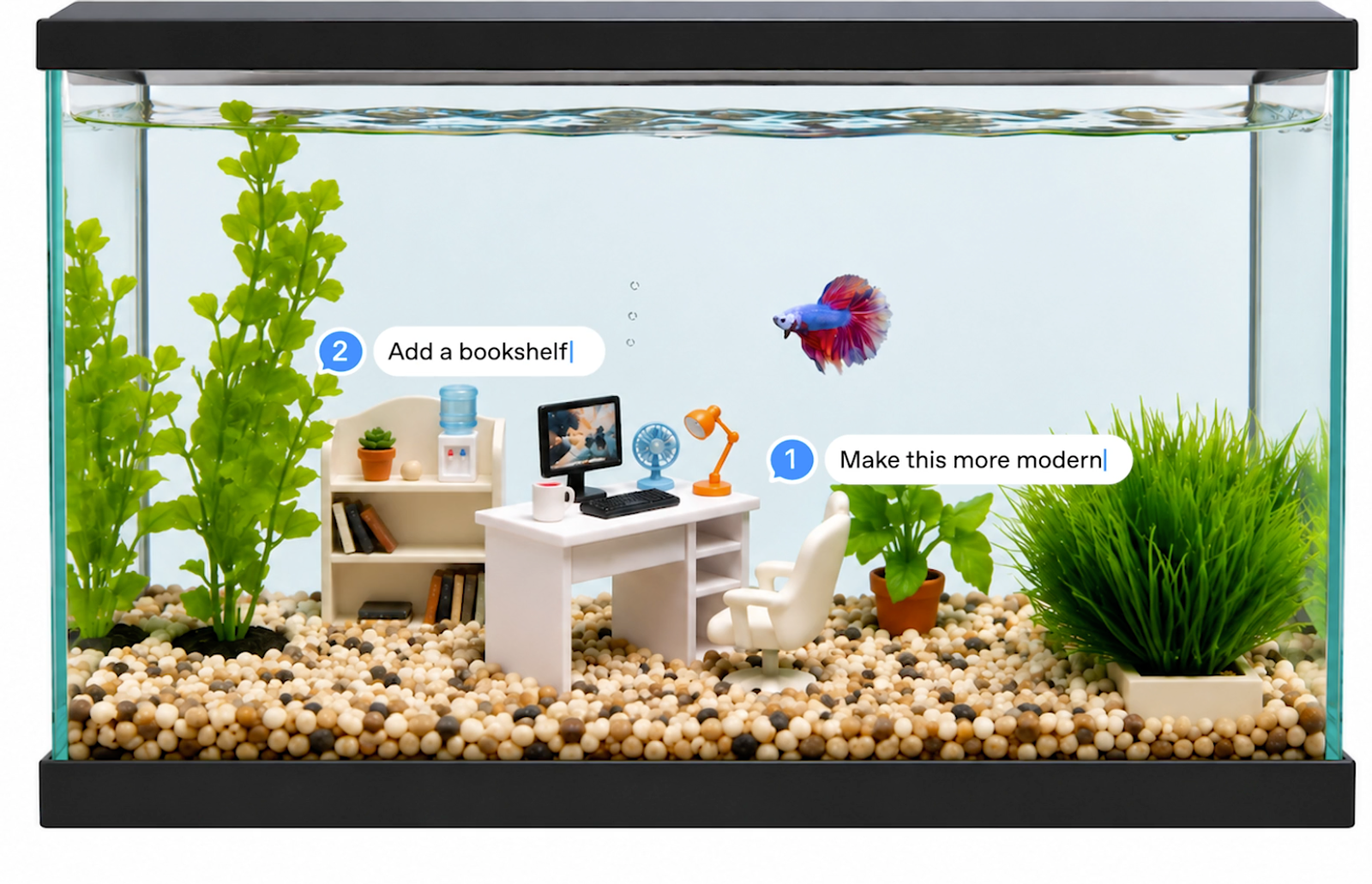 GPT Image 2.5 image editing example showing an aquarium workspace transformed with a modern desk and bookshelf