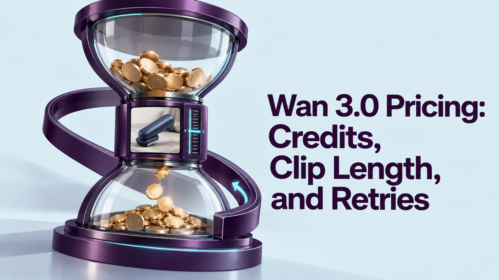 Wan 3.0 pricing cover illustrates video credits, clip length, and retries with gold coins inside a purple hourglass.
