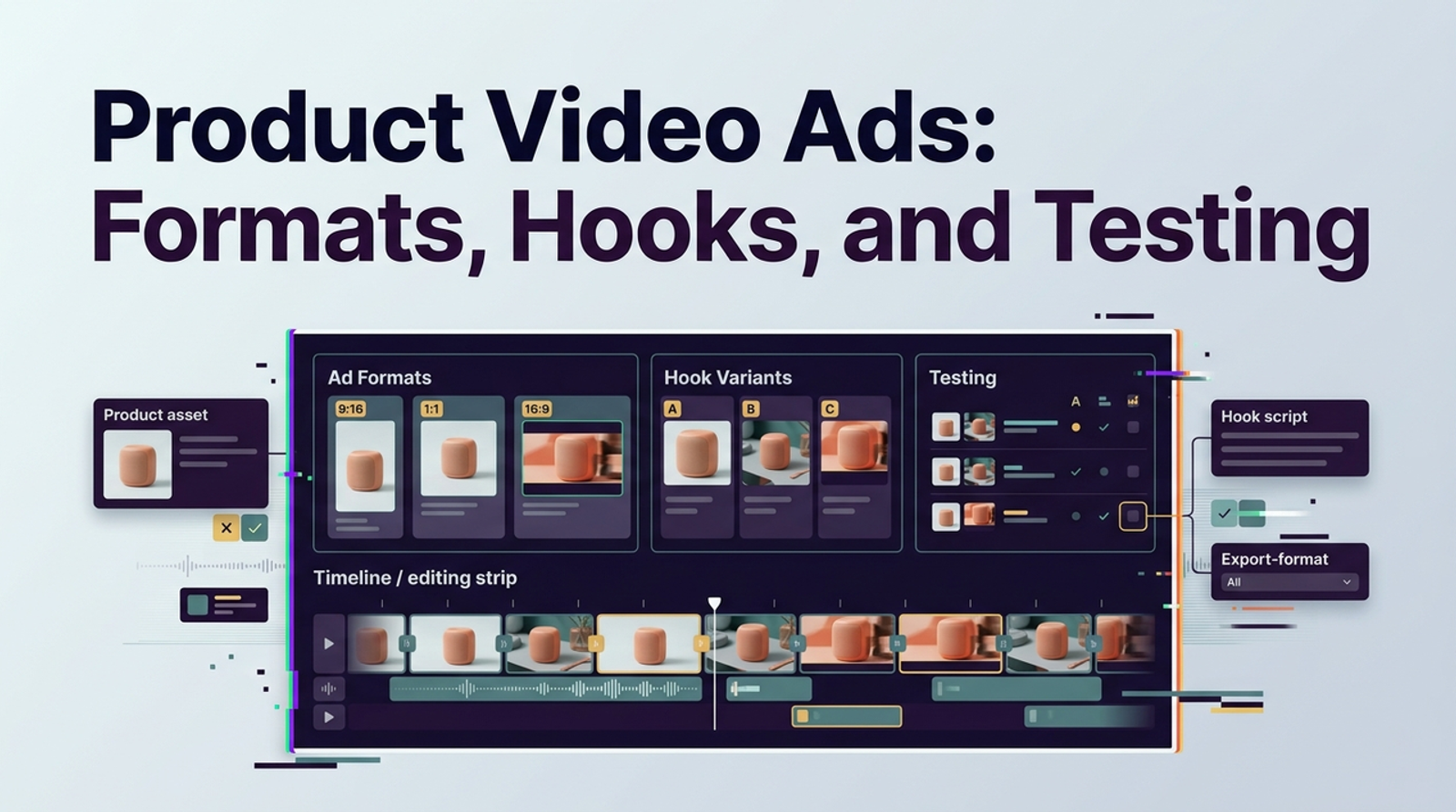 Video editing dashboard showing ad formats and hook variants for product video ads.