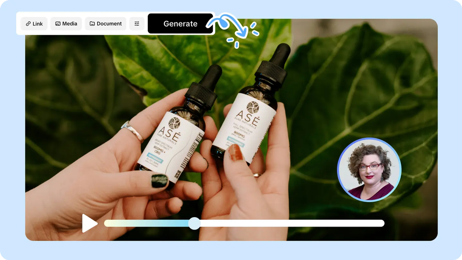 AI video editor generating product url to video ad content featuring essential oil bottles.