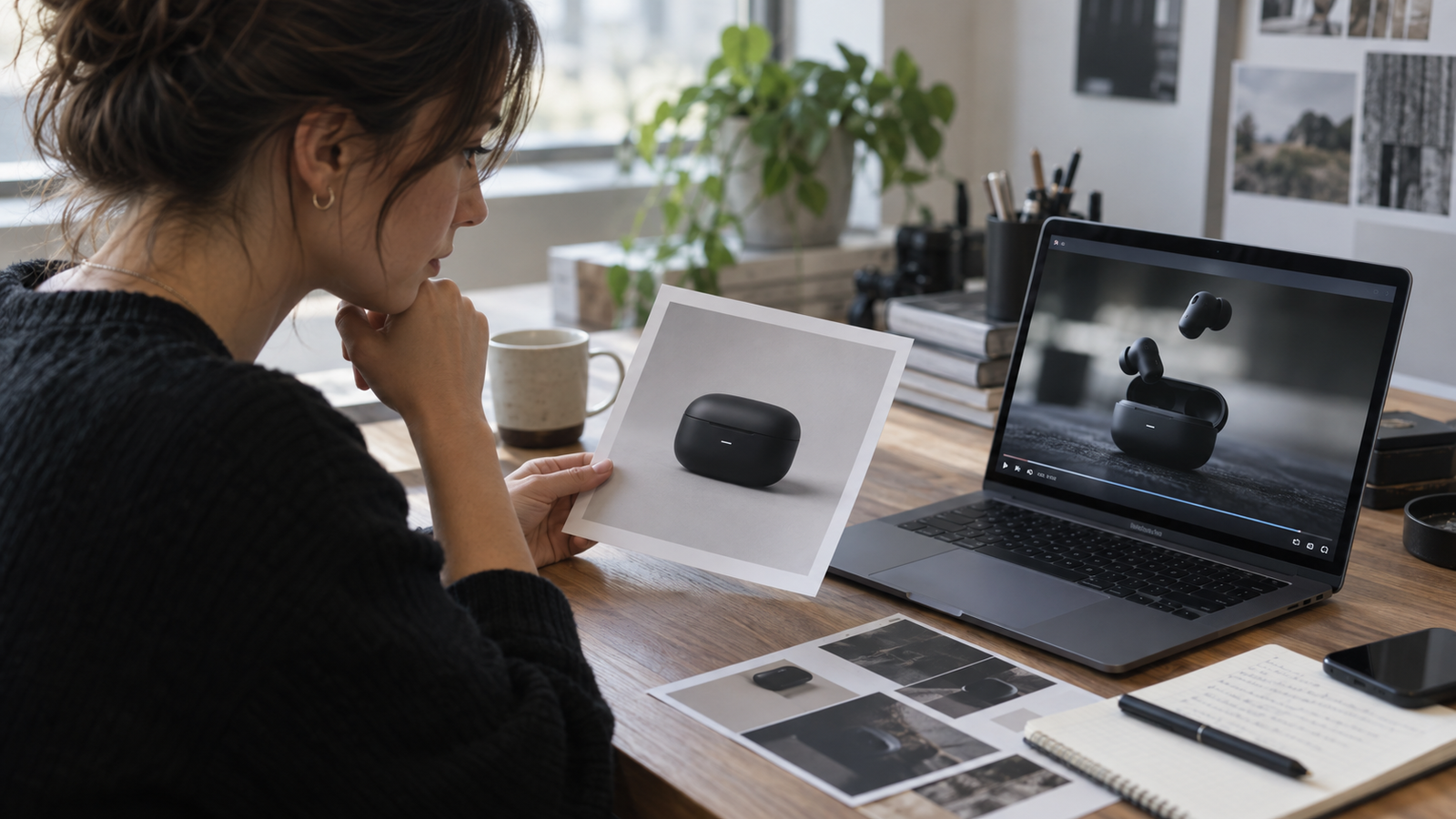 A marketer compares a printed wireless earbud still with the first generated clip on a laptop