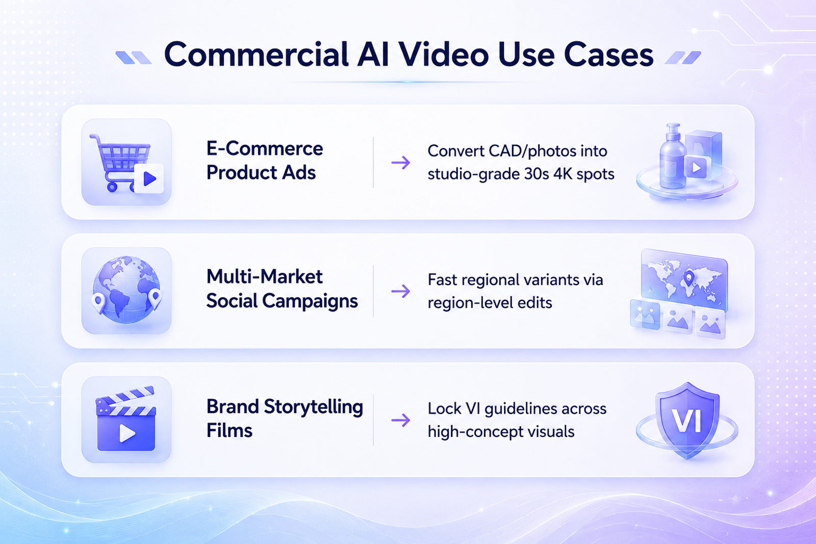 Commercial AI video applications for product ads and campaigns