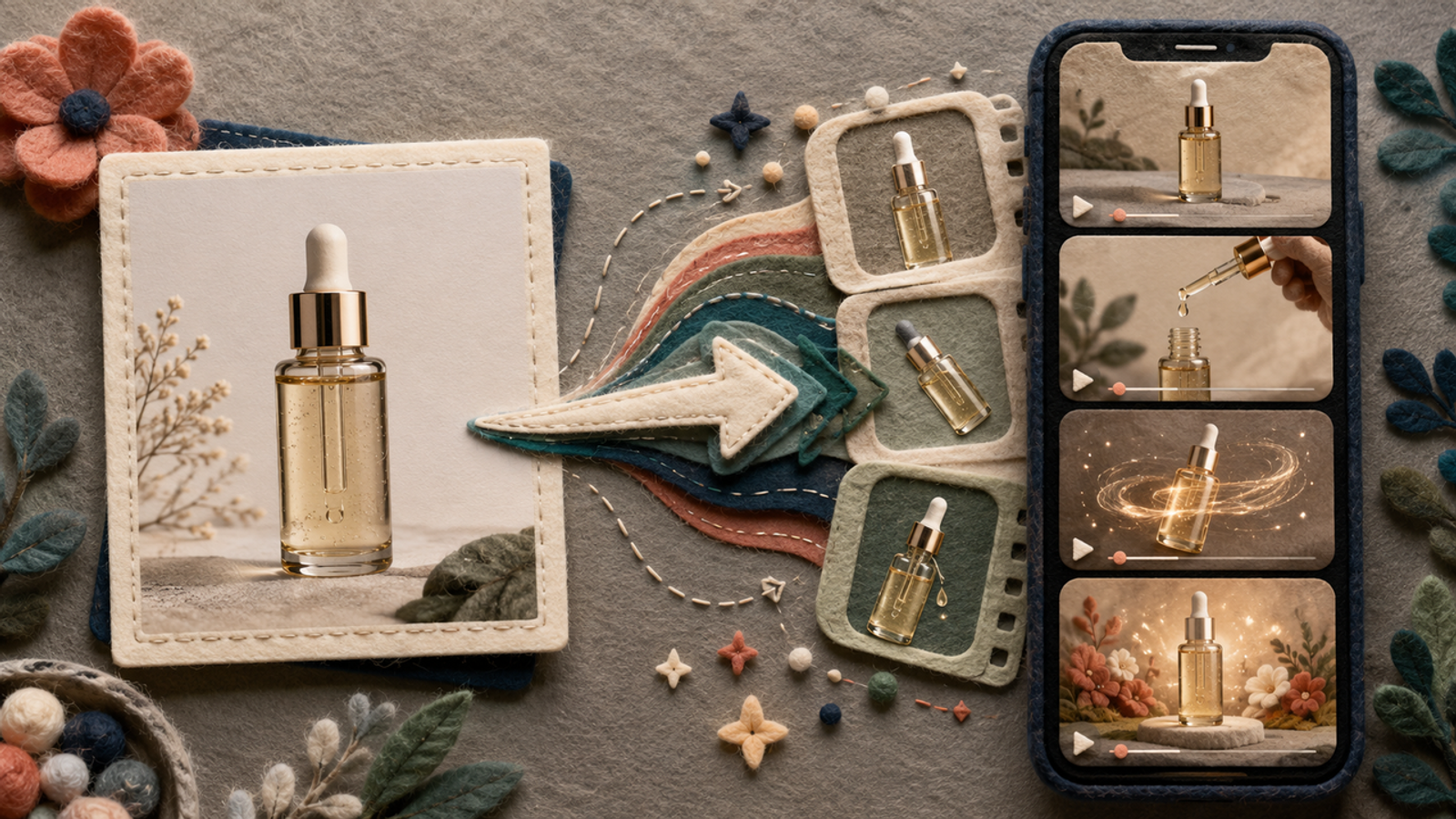 Creative craft layout demonstrating minimax image to video for serum bottle ads.