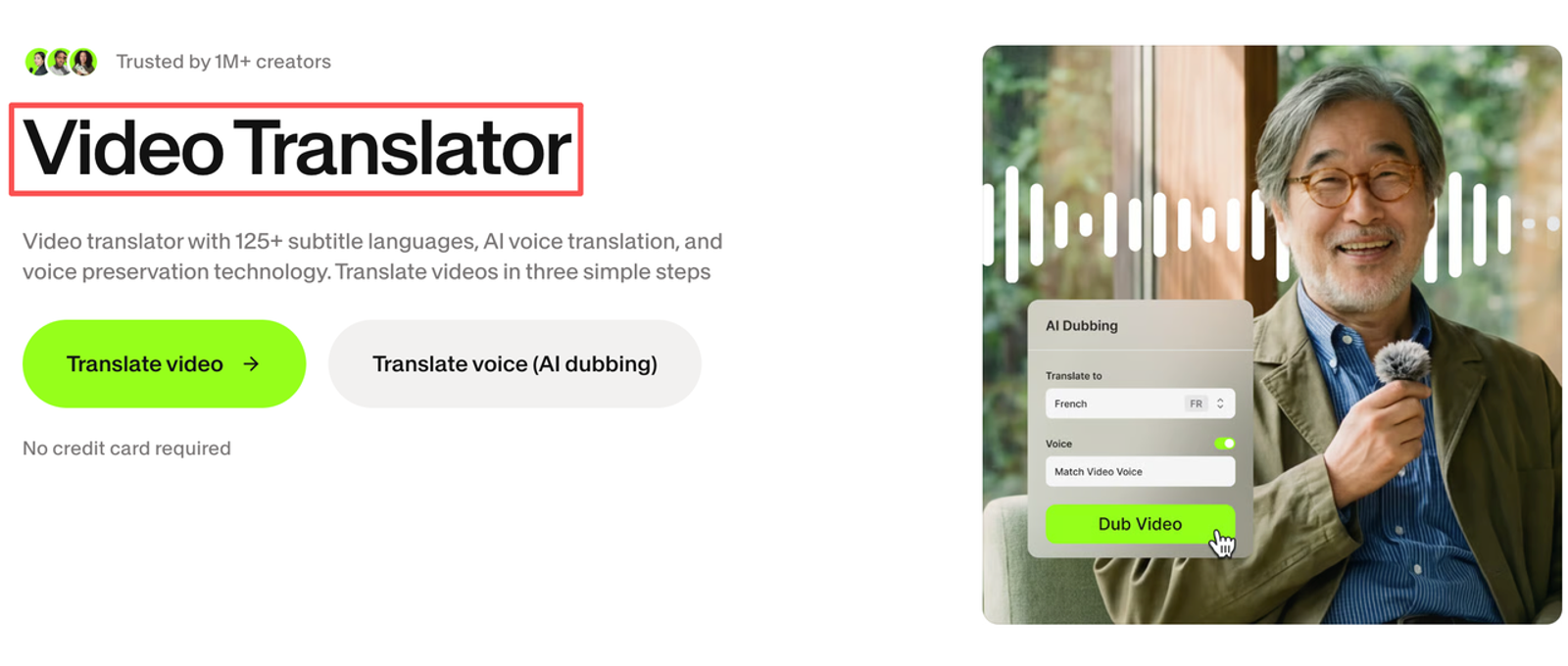Web app interface demonstrating ai video translation tools for multilingual dubbing and voice matching.