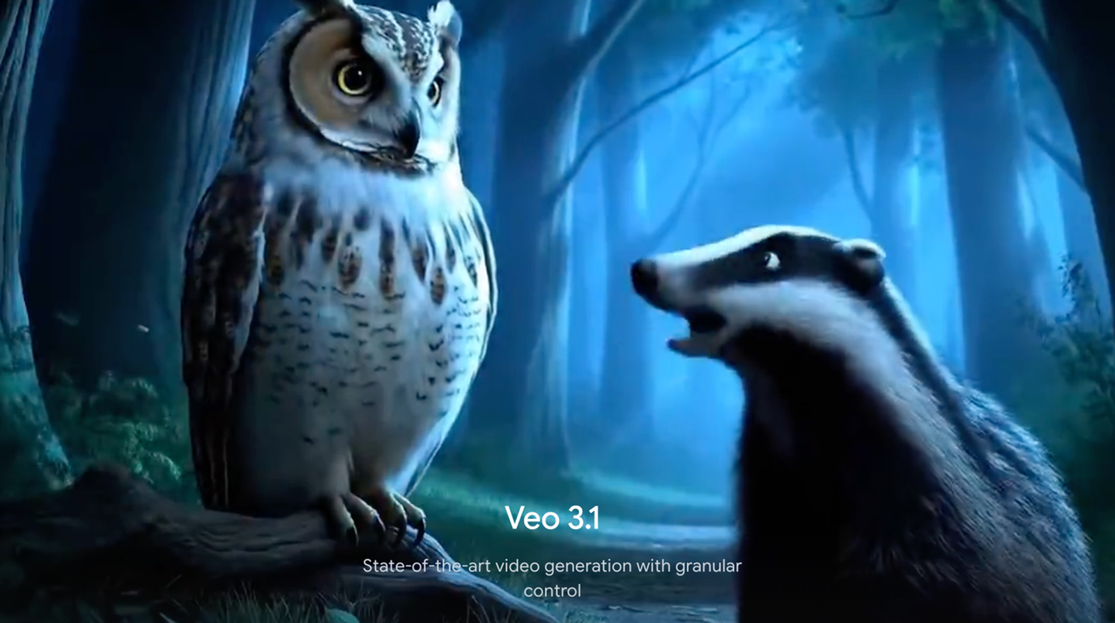 An animated forest scene with an owl and badger demonstrating features of kling 4.0 vs veo 3.1.